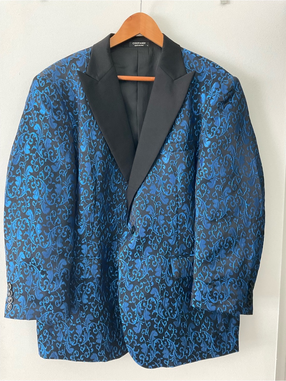 Blue & Black Brocade Tuxedo Blazer